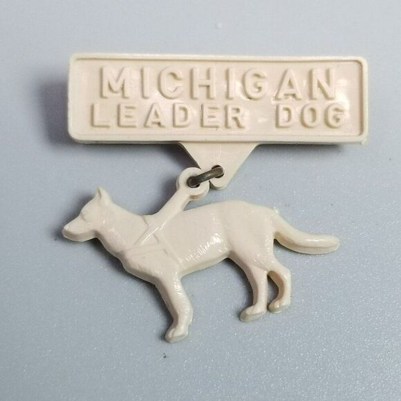 Vintage Michigan Leader Dog for Blind Service Pin Cream Plastic Brooch, Estate - Picture 2 of 6